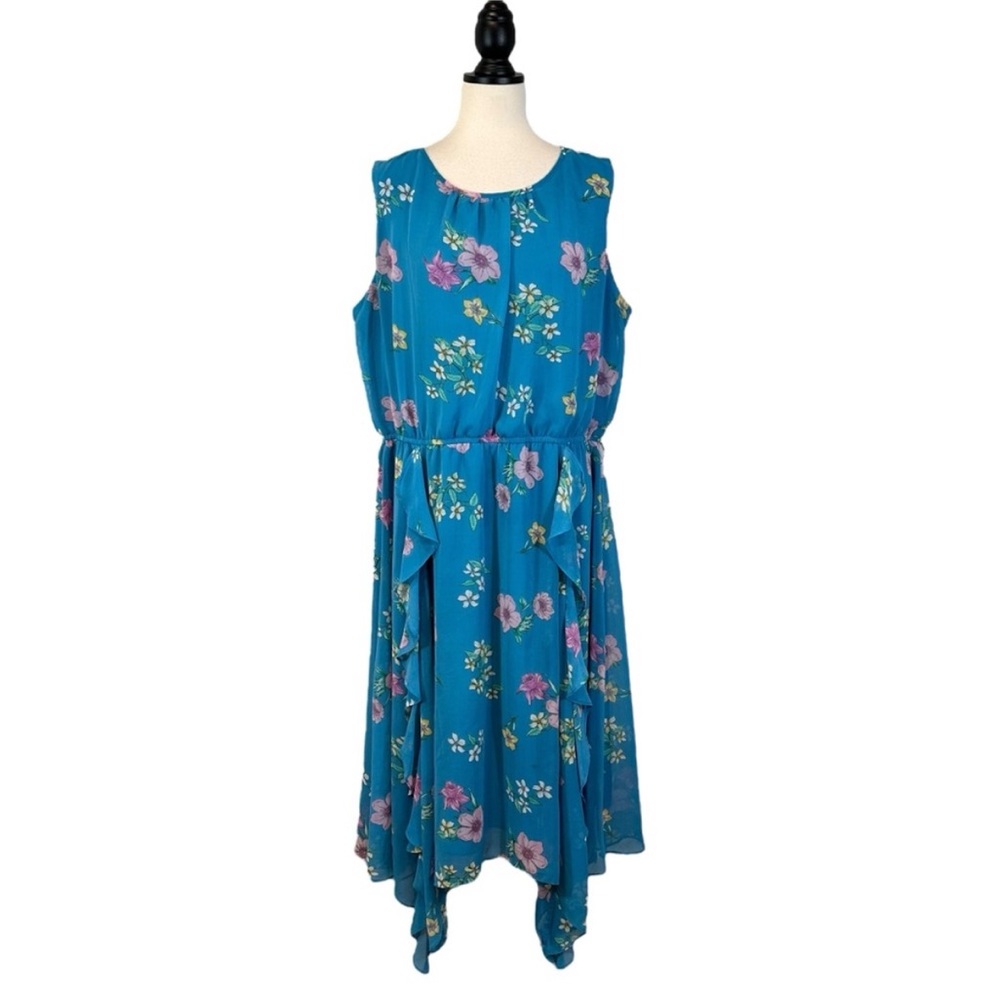 Lane Bryant Midi Dress Blue Floral Asymmetrical
Hem Sleeveless, Size 18